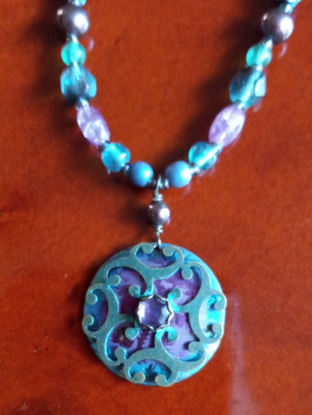 Signed HY Holly Yashi Boho Medallion Pendant Colorful Beaded Long Necklace